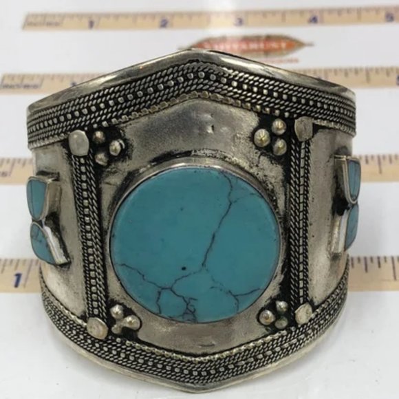 single Afghan Turquoise Stone Cuff Bracelet, Boho Cuff - Picture 1 of 5